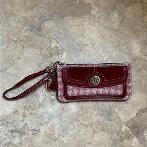 Coach Burgandy, Gray and Pink Houndstooth Wristletwith Glossy Finish strap